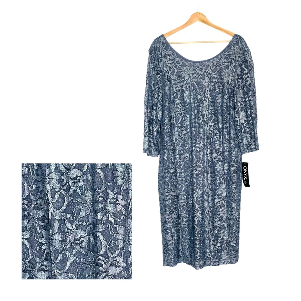 ONYX Nite Silver Blue Lace Dress Size 22W 3/4 Sleeves Midi Length NWT
